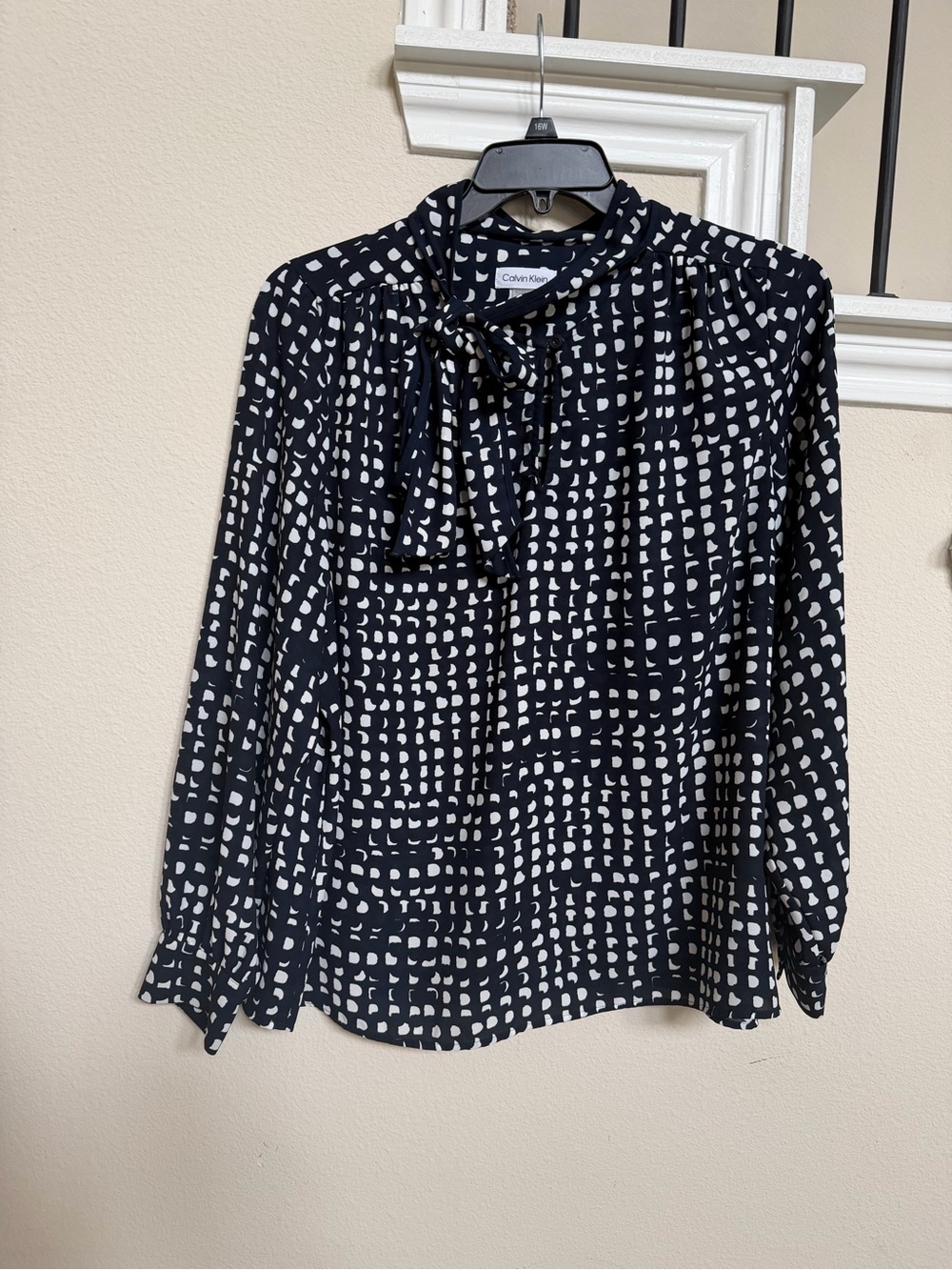 Calvin Klein Navy and White Tie-Neck Printed Career Blouse